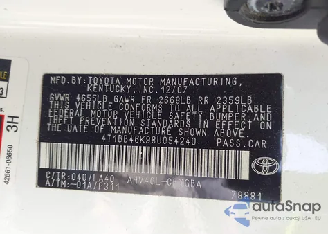 2008 Toyota Camry Hybrid z USA, uszkodzony, nr VIN 4T1BB46K98U054240